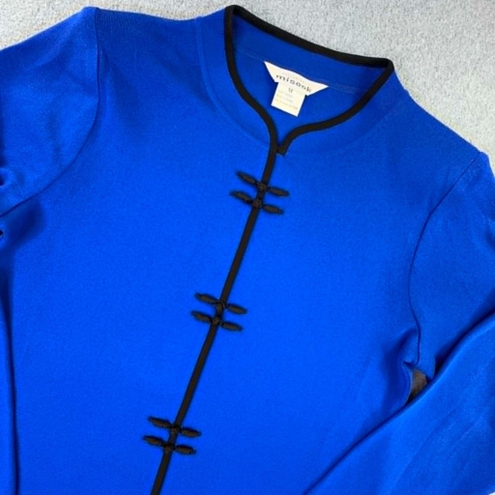 Misook Knit Jacket Womens M Royal Blue Black‎ Trim Mandarin Collar Frog Closure